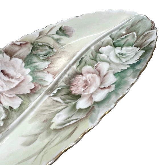 HAND PAINTED FLORAL PORCELAIN DIVIDED OVAL RELISH DISH - VINTAGE 1960s - Picture 14 of 16